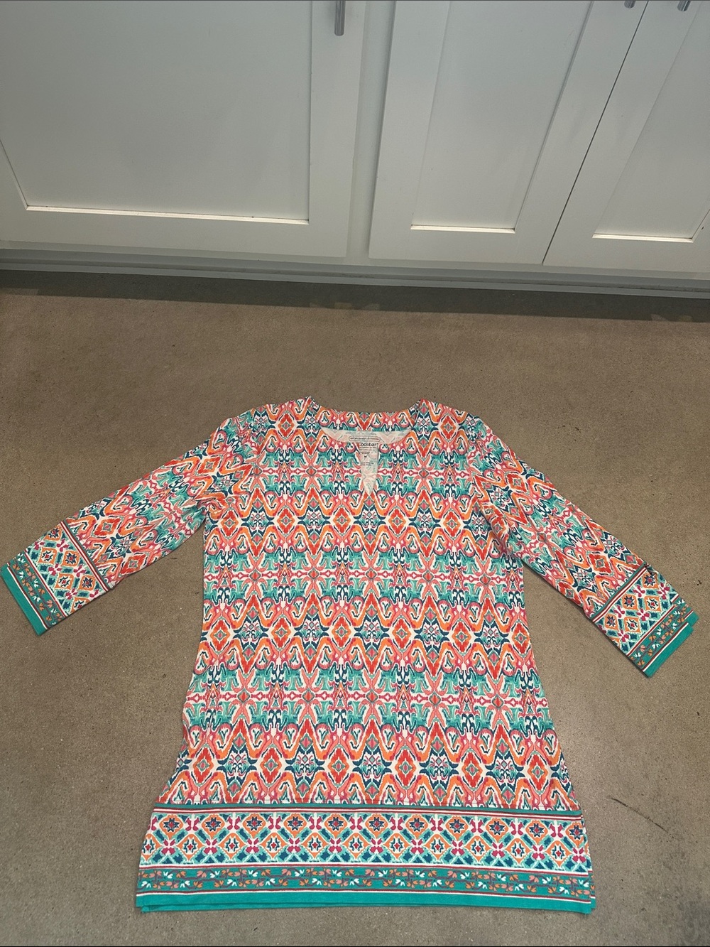 Coolibar Coral and Teal Geometric 3/4 Sleeve Tunic